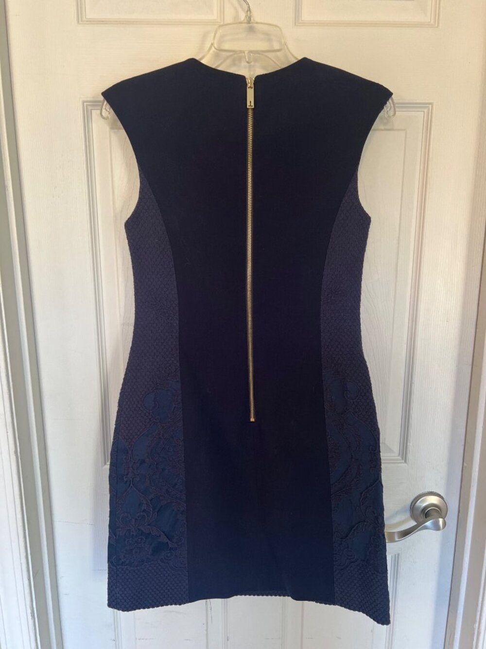 Ted Baker Zalad Jacquard Navy Blue Sheath Mini Dress Sleeveless Pockets 1/4 - Picture 4 of 11
